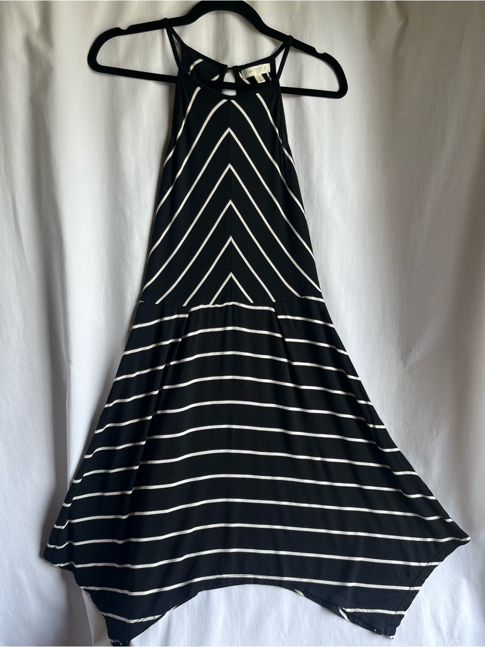 love, Fire Black and White Striped Asymmetrical Halter Dress